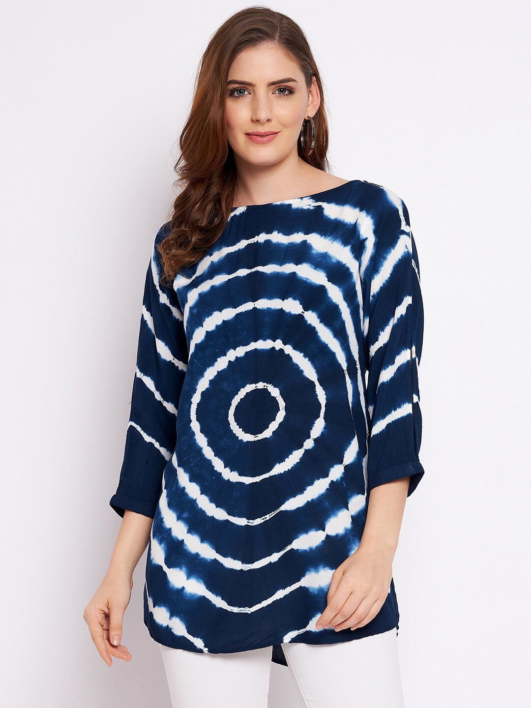 Ruhaans Women Navy Blue & White Viscose Rayon Boat Neck Tie & Dye Tunic