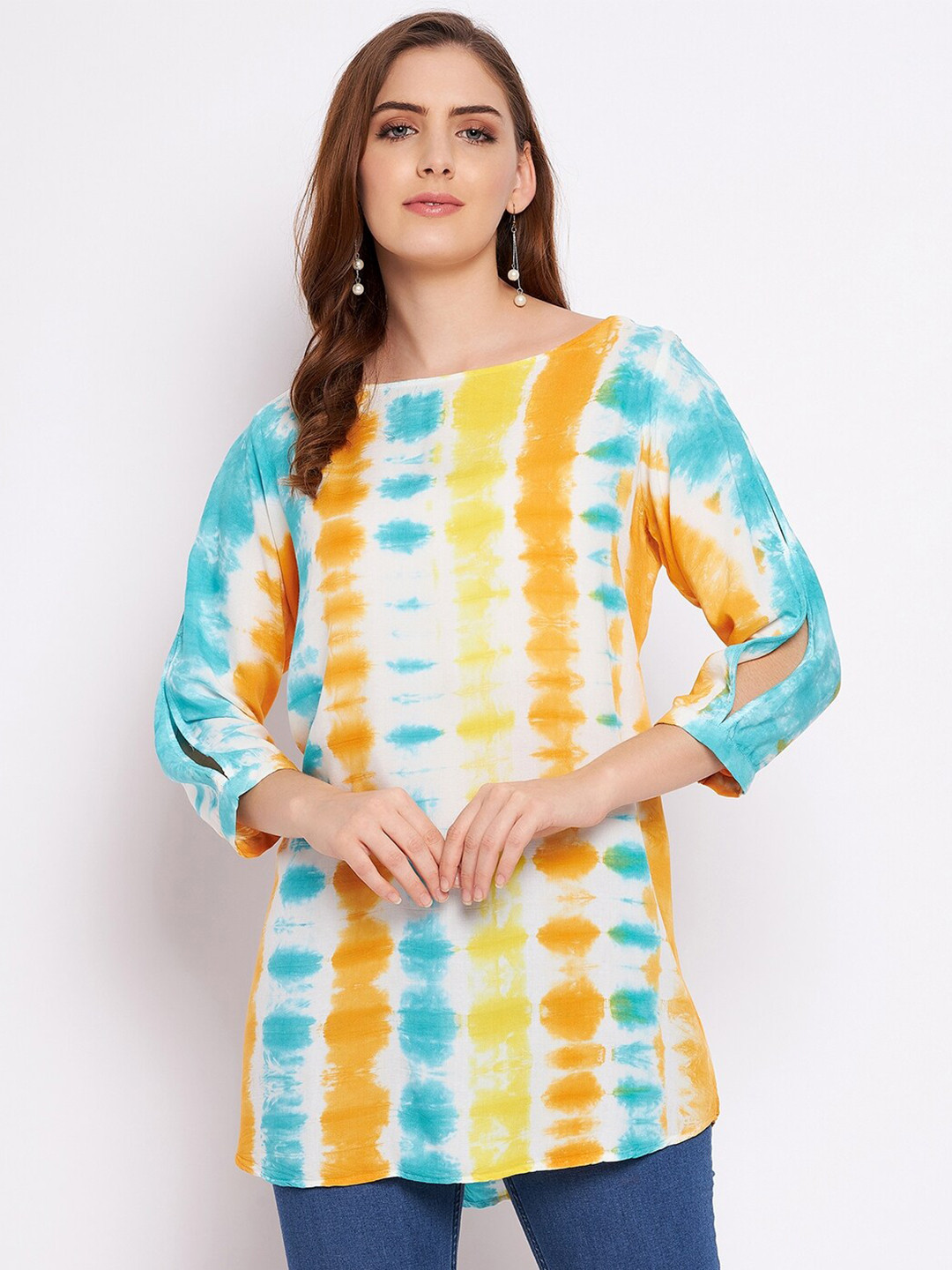 Ruhaans Orange & Turquoise Blue Boat Neck Tie & Dye Tunic