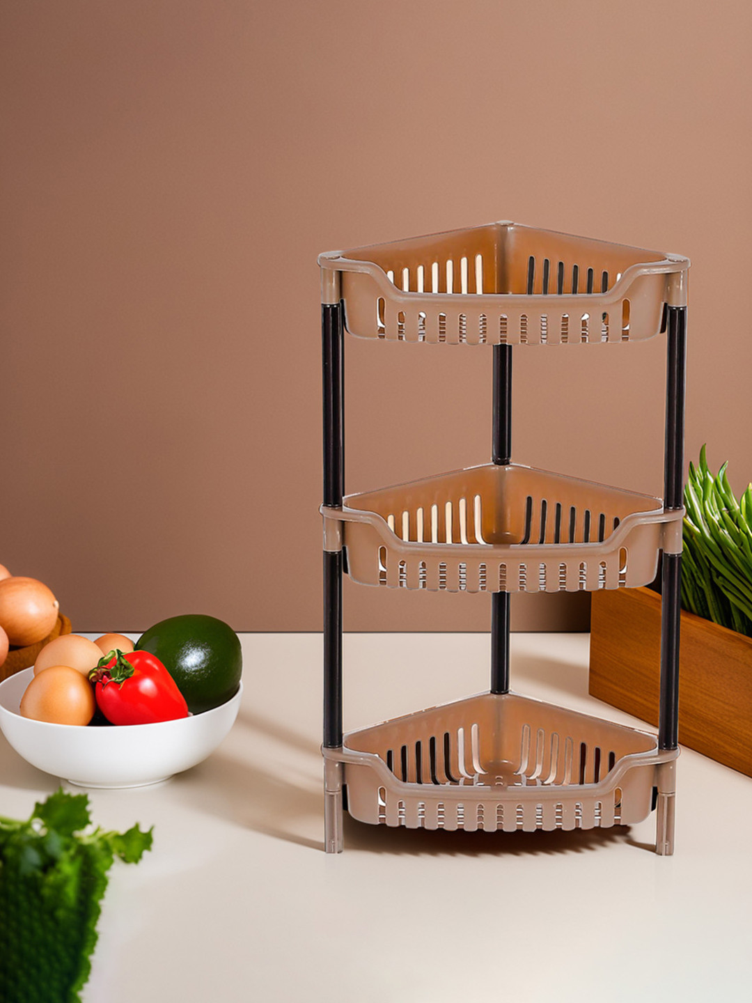 Kuber Industries Brown Solid Plastic 3-Tier Triangle Storage Rack