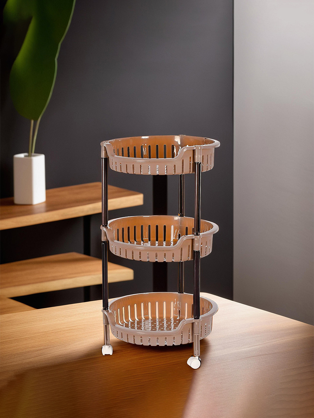 Kuber Industries Brown 3-Tier Multi-Purpose Rolling Fruit & Vegetable Basket