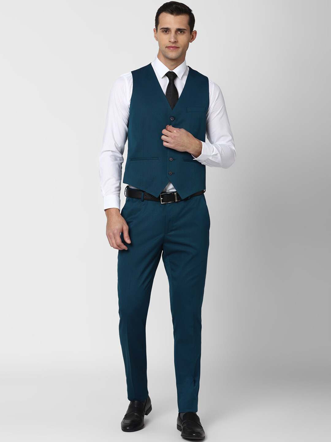 Peter England Elite Men Green Self Design Slim Fit Single Breasted 3 Piece Formal Suit