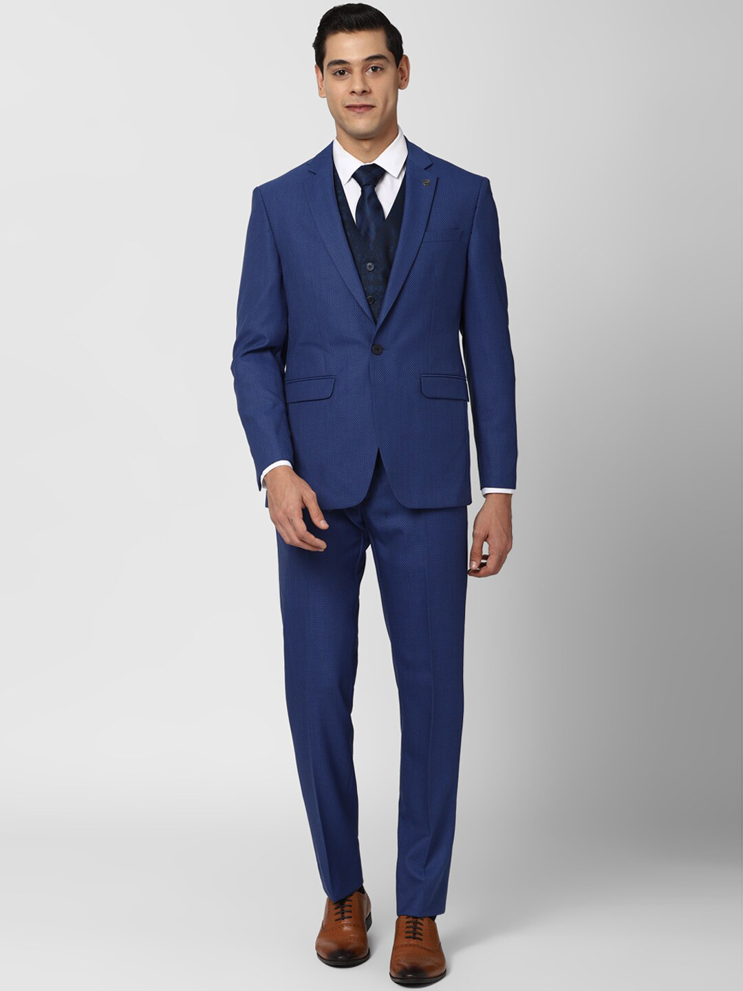 Peter England Elite Men Blue Textured Slim-Fit Single-Breasted Three-Piece Formal Suit