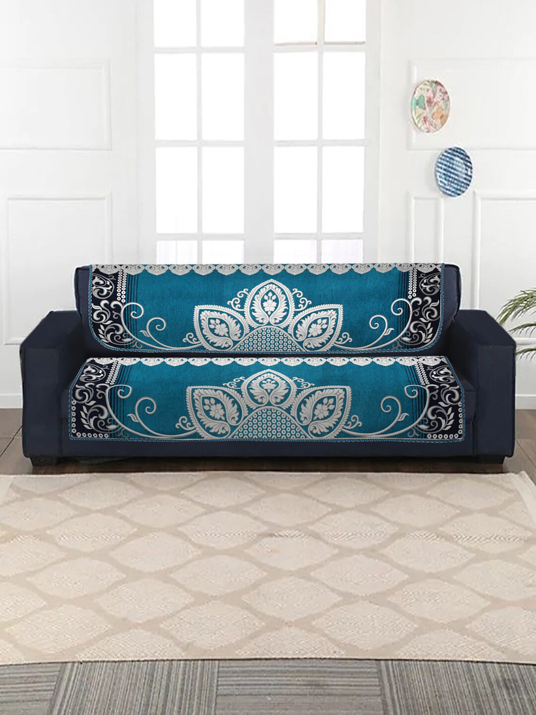 MULTITEX Peacock Blue Floral Jacquard Washable 10PC Straight 4 Seater Sofa Cover-70x26In