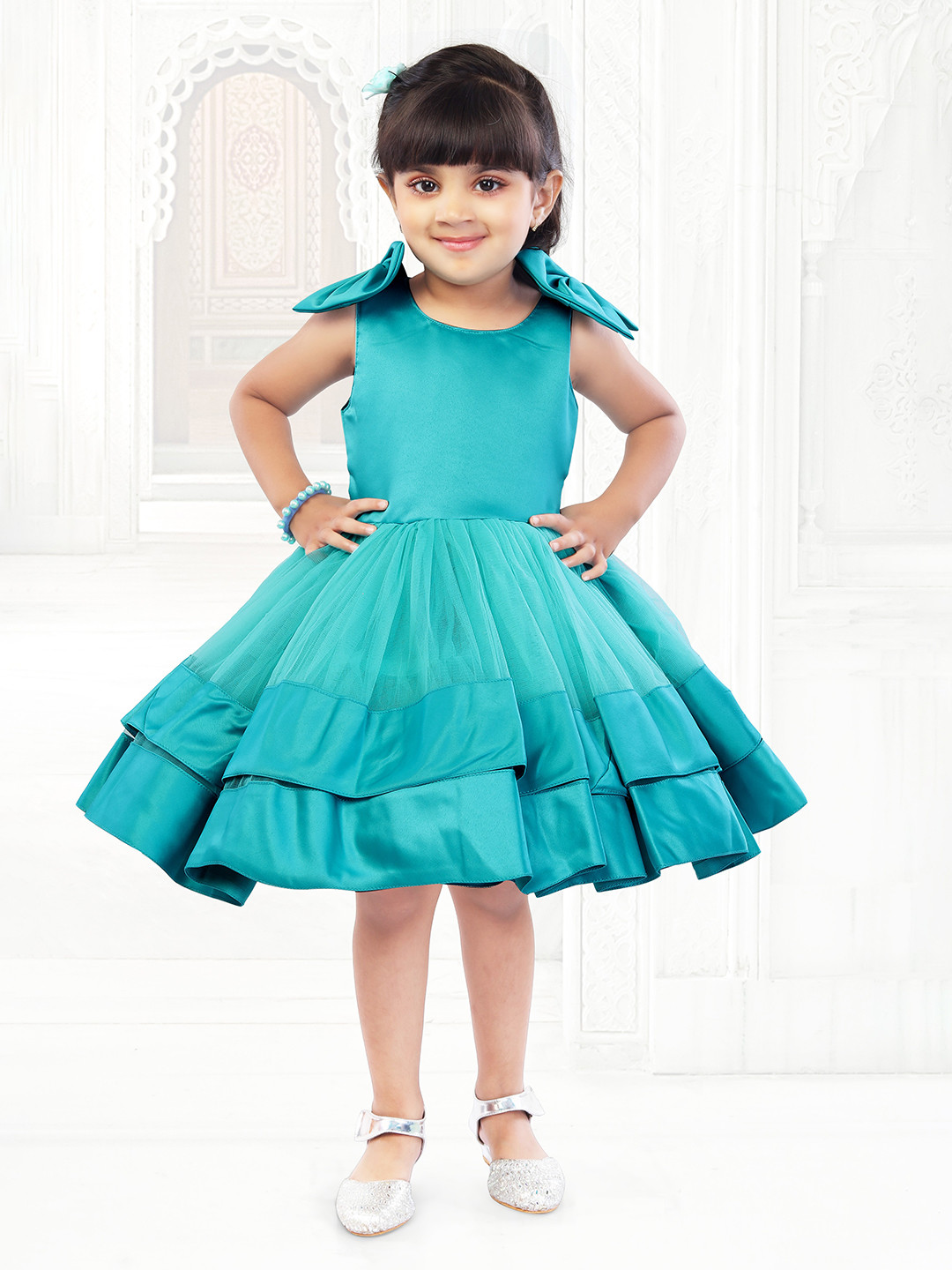 The Magic Wand Girls Sea Green Layered Net Dress