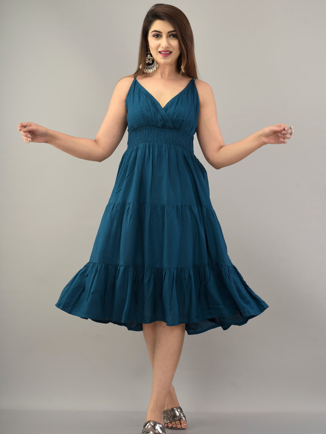 IQRAAR Blue Fit & Flare Tiered Midi Dress