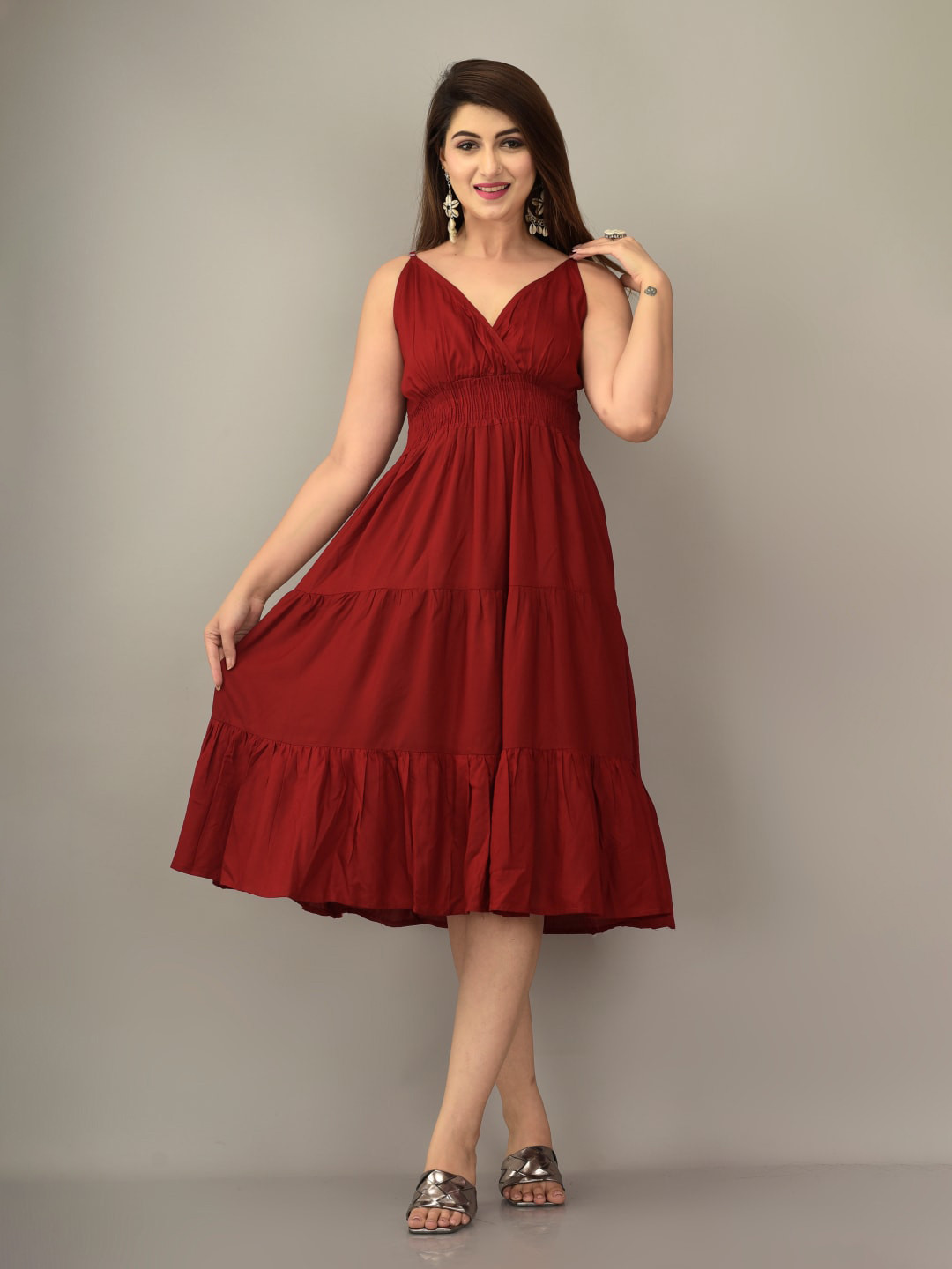 IQRAAR Maroon Midi Dress