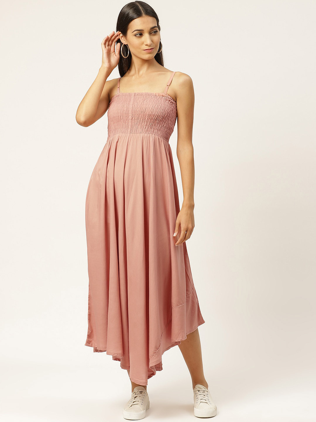 IQRAAR Orange Smocked Midi Dress