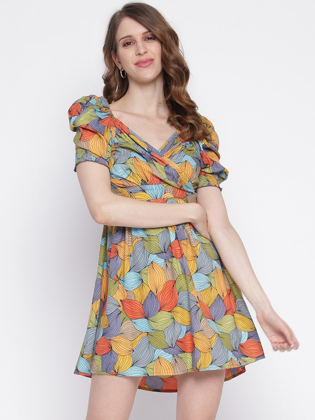 IQRAAR Green Floral Wrap Mini Dress