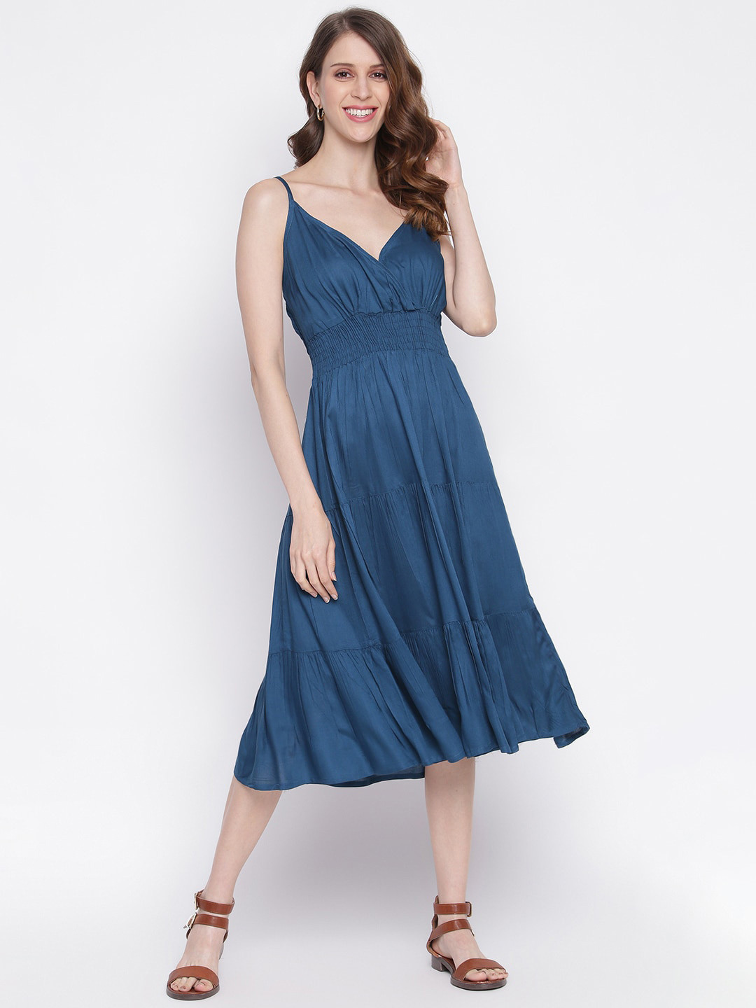IQRAAR Navy Blue Fit & Flare Midi Dress
