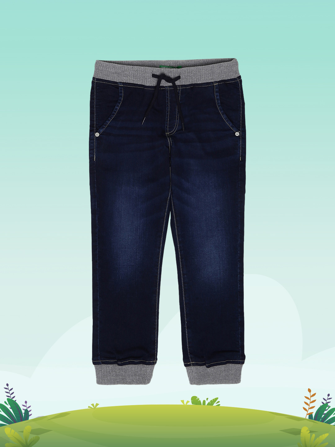 United Colors of Benetton Boys Navy Blue Low Distress Light Fade Jeans