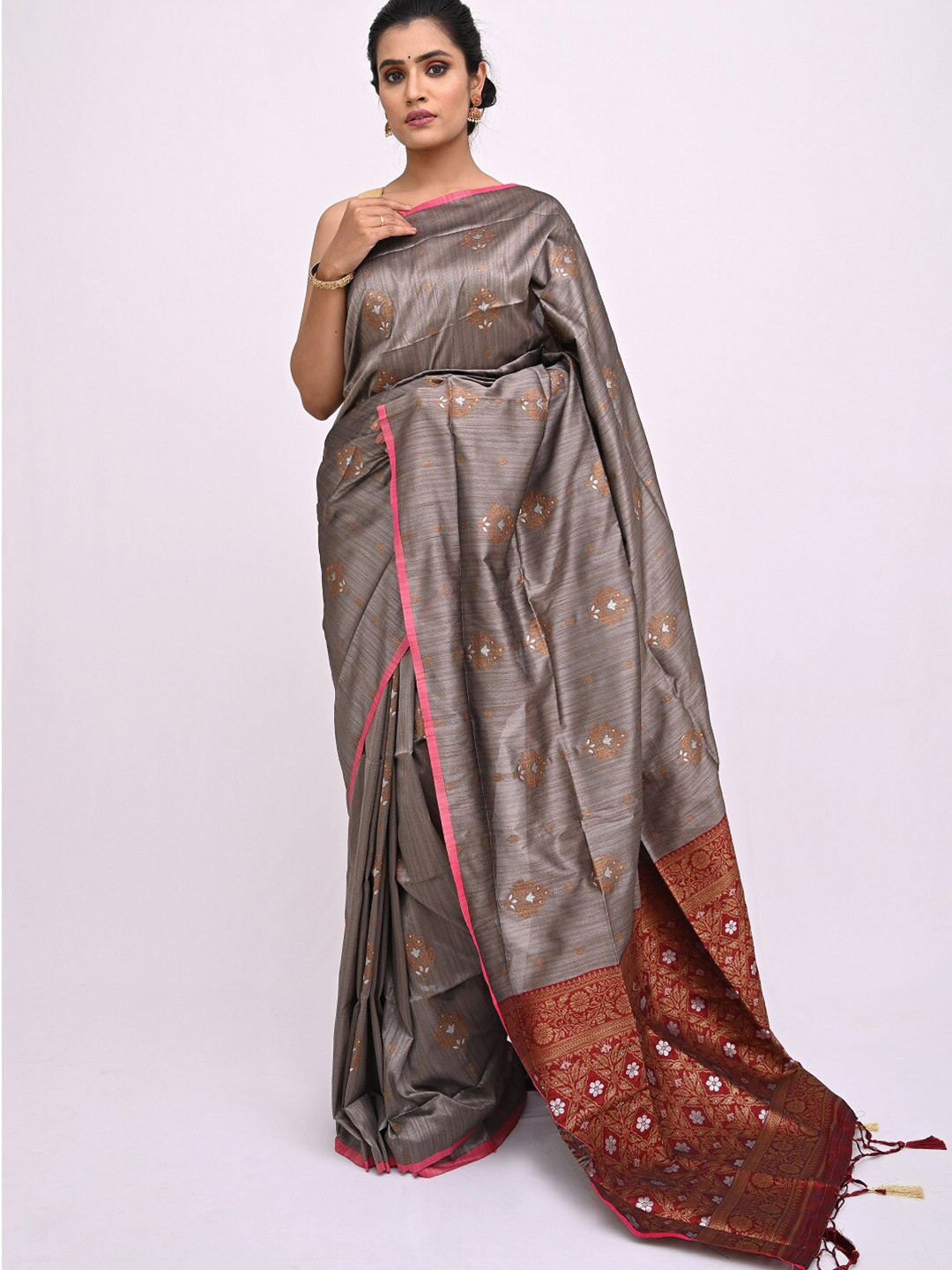 KAJREE Gunmetal-Toned & Red Ethnic Motifs Pure Linen Tussar Saree