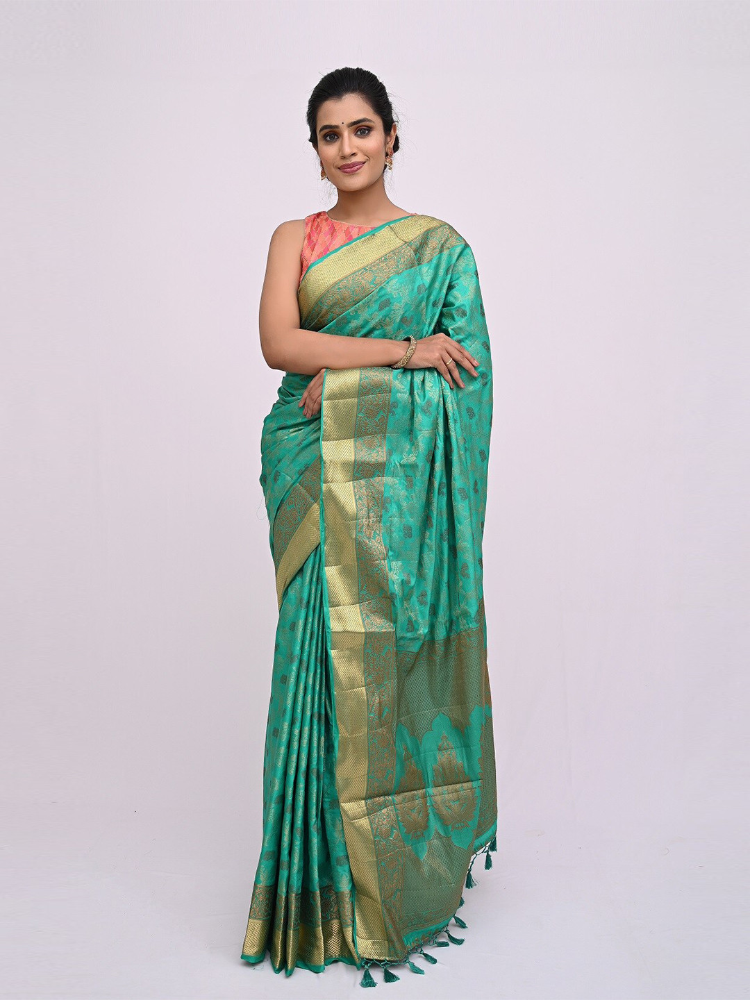 KAJREE Green & Gold-Toned Floral Zari Silk Blend Khadi Saree