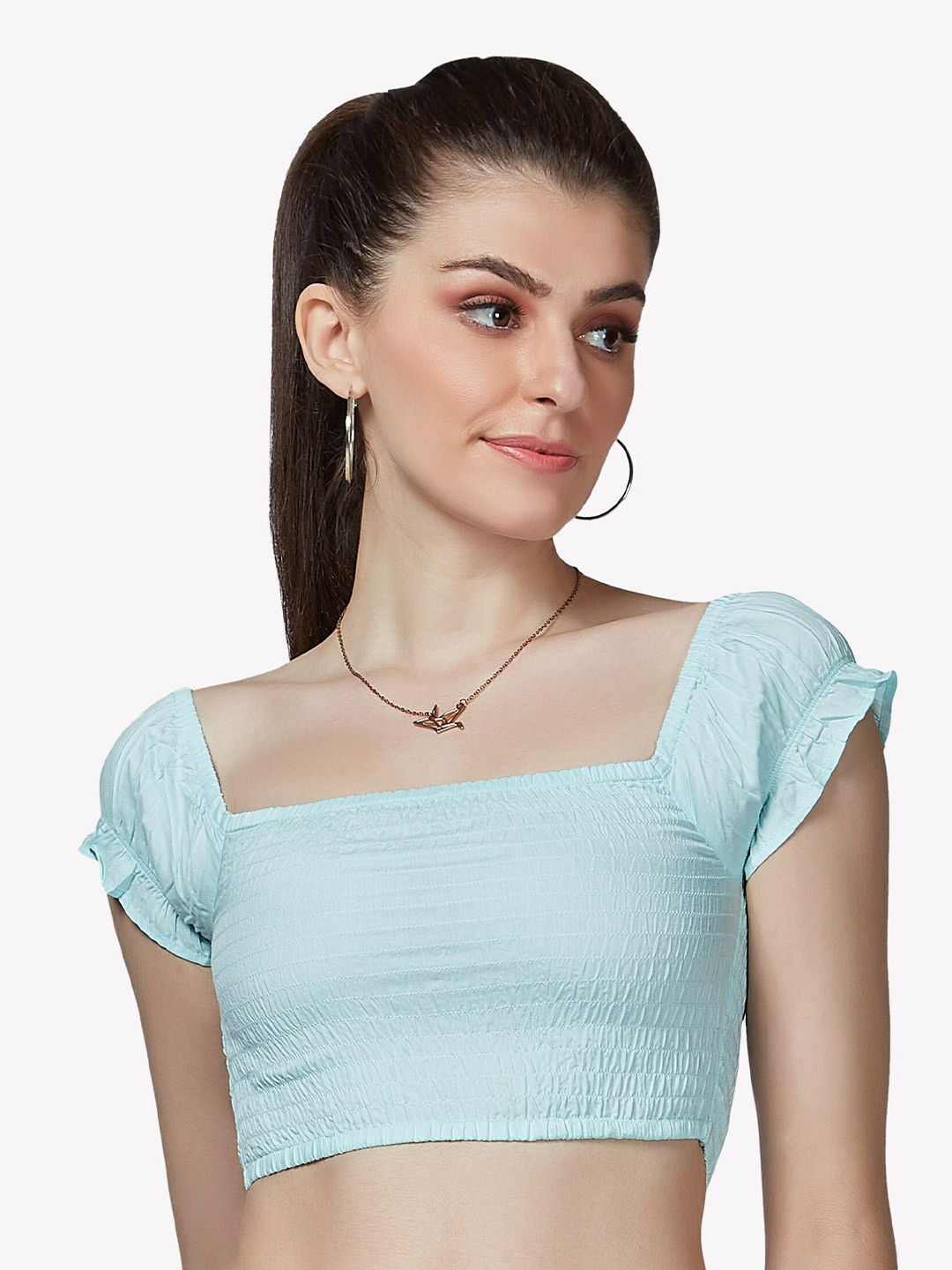 VASTRADO Blue Smocked Crop Top