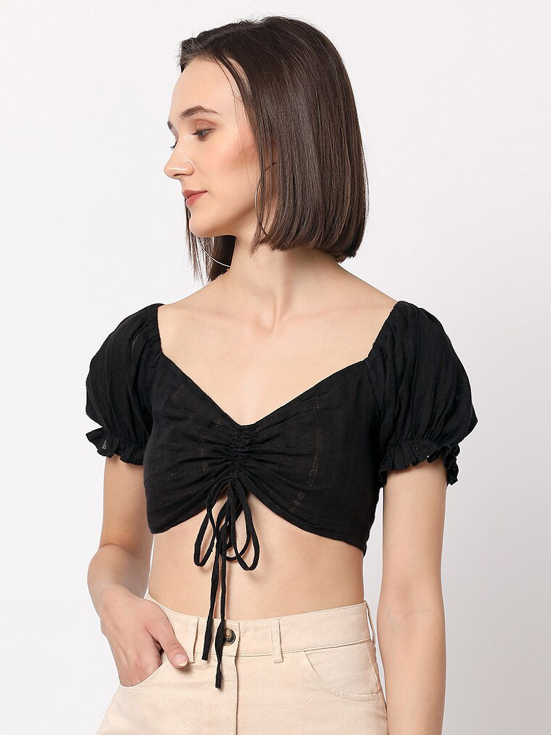 VASTRADO Black Ruched Smocked Pure Cotton Crop Top