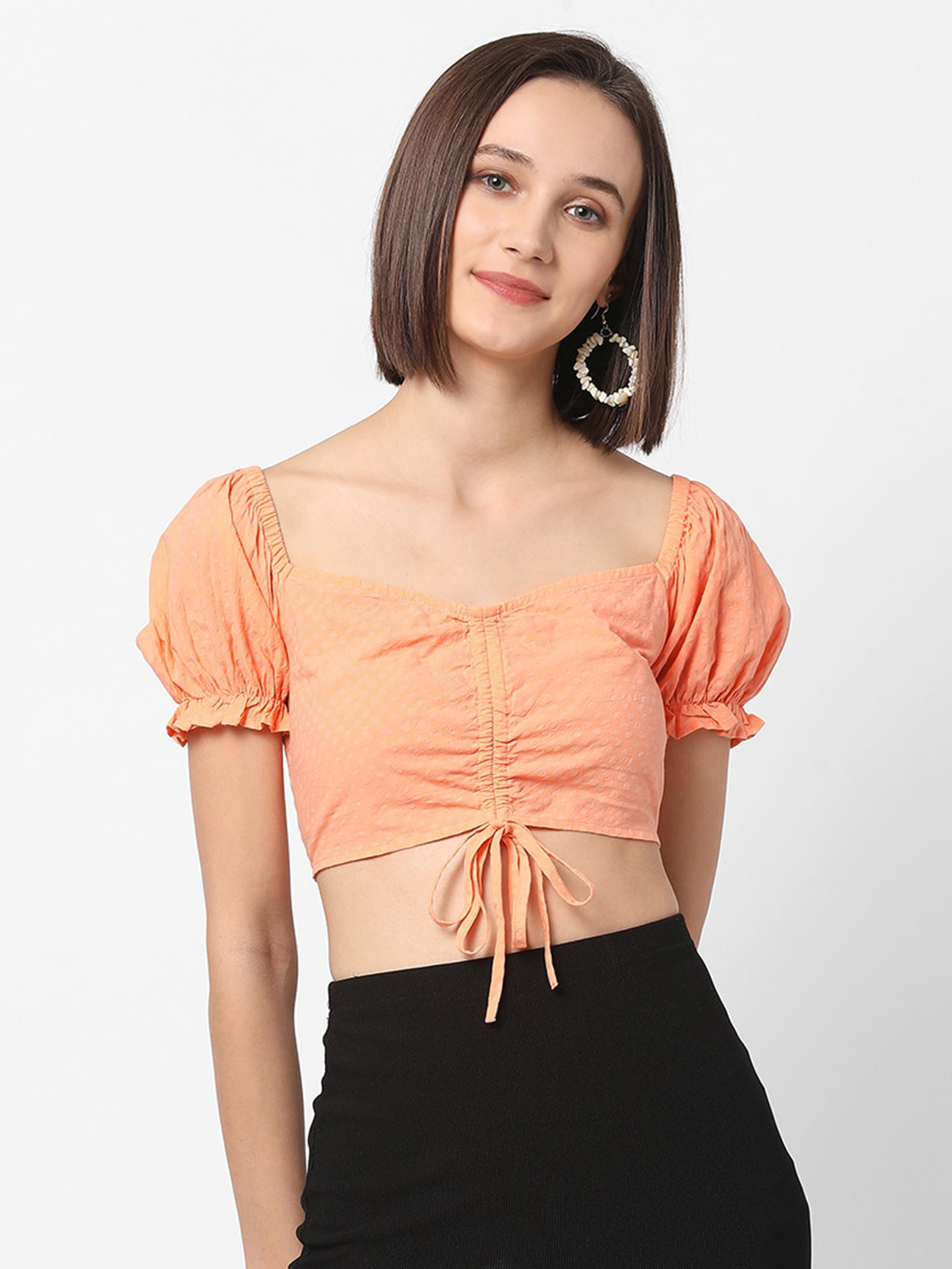 VASTRADO Orange Self Design Smocked Pure Cotton Fitted Crop Top