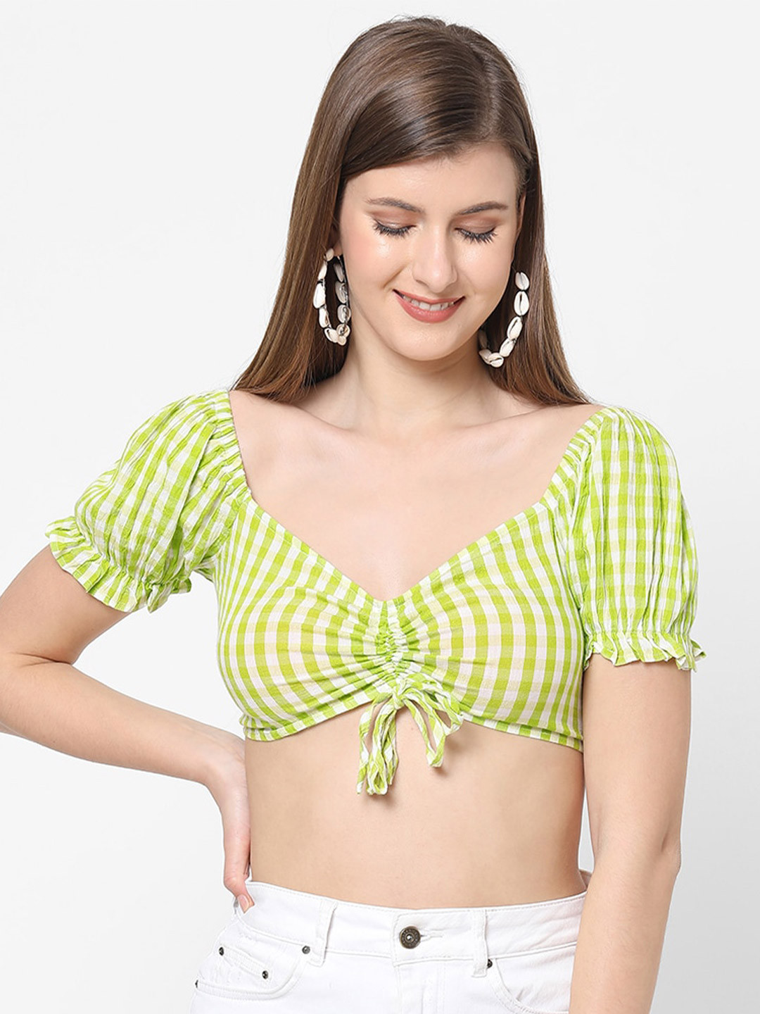 VASTRADO Green Checked Sweetheart Neck Crop Top
