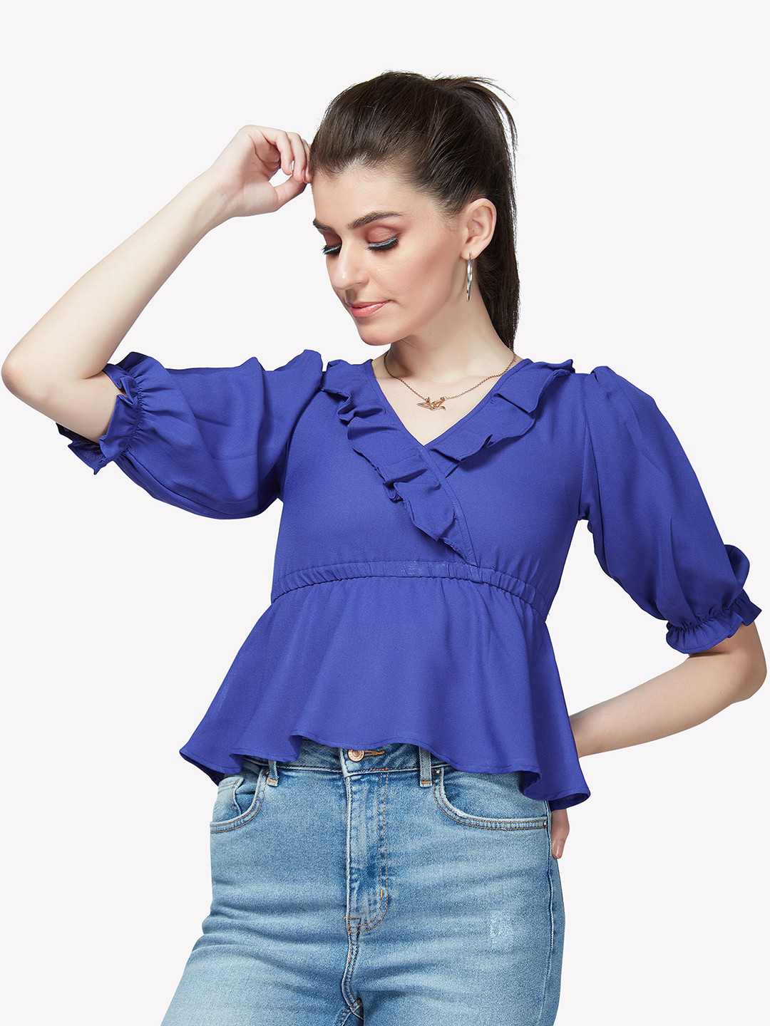 VASTRADO Women Blue Ruffled Pure Cotton Peplum Top