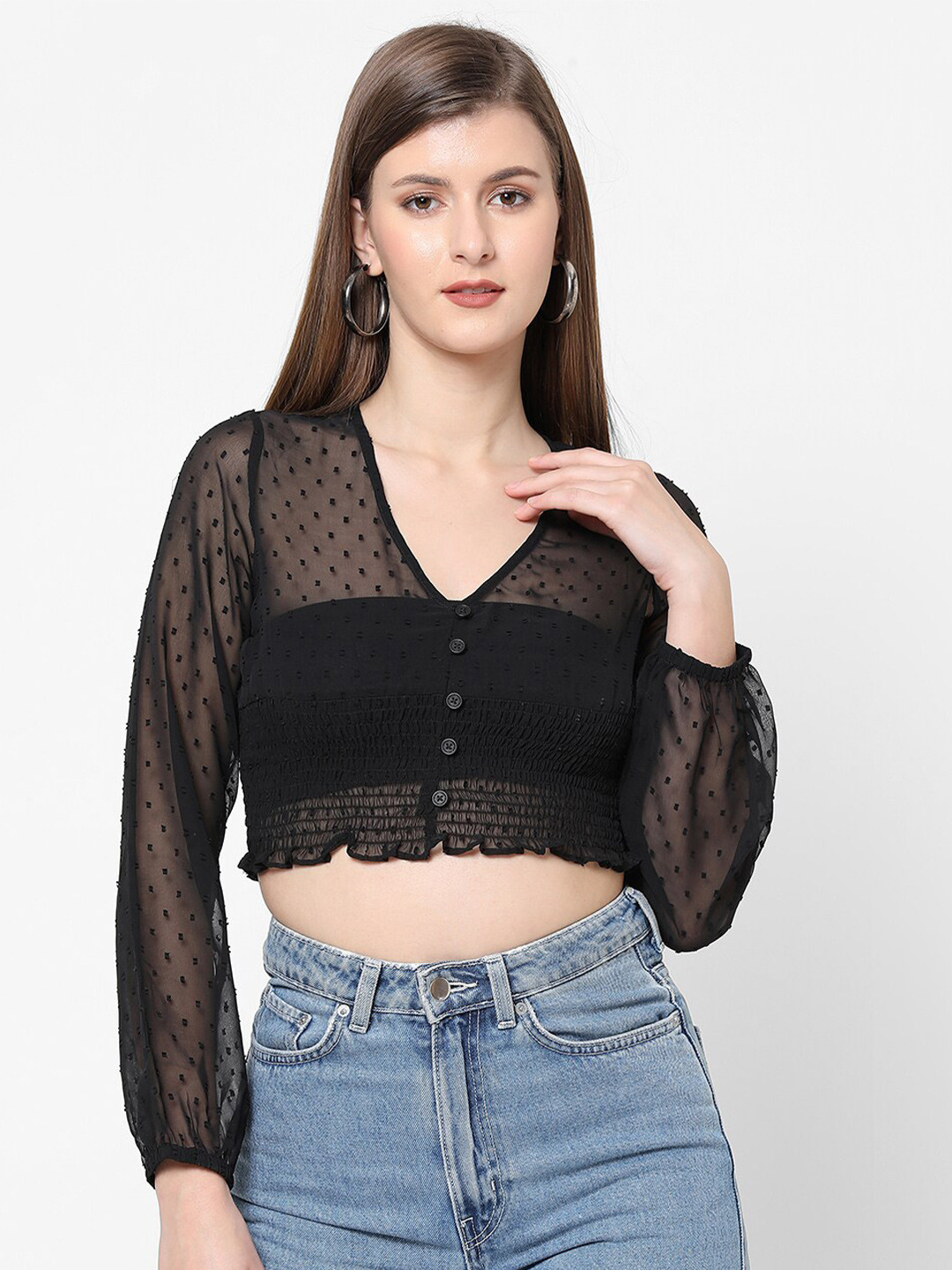 VASTRADO Black Shirt Style Pure Cotton  Smocked Waist Crop Top