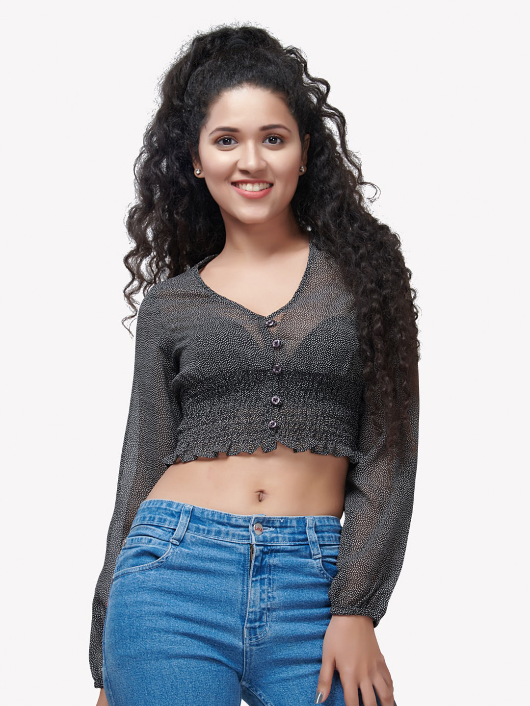 VASTRADO Black Printed Smocked Crop Top