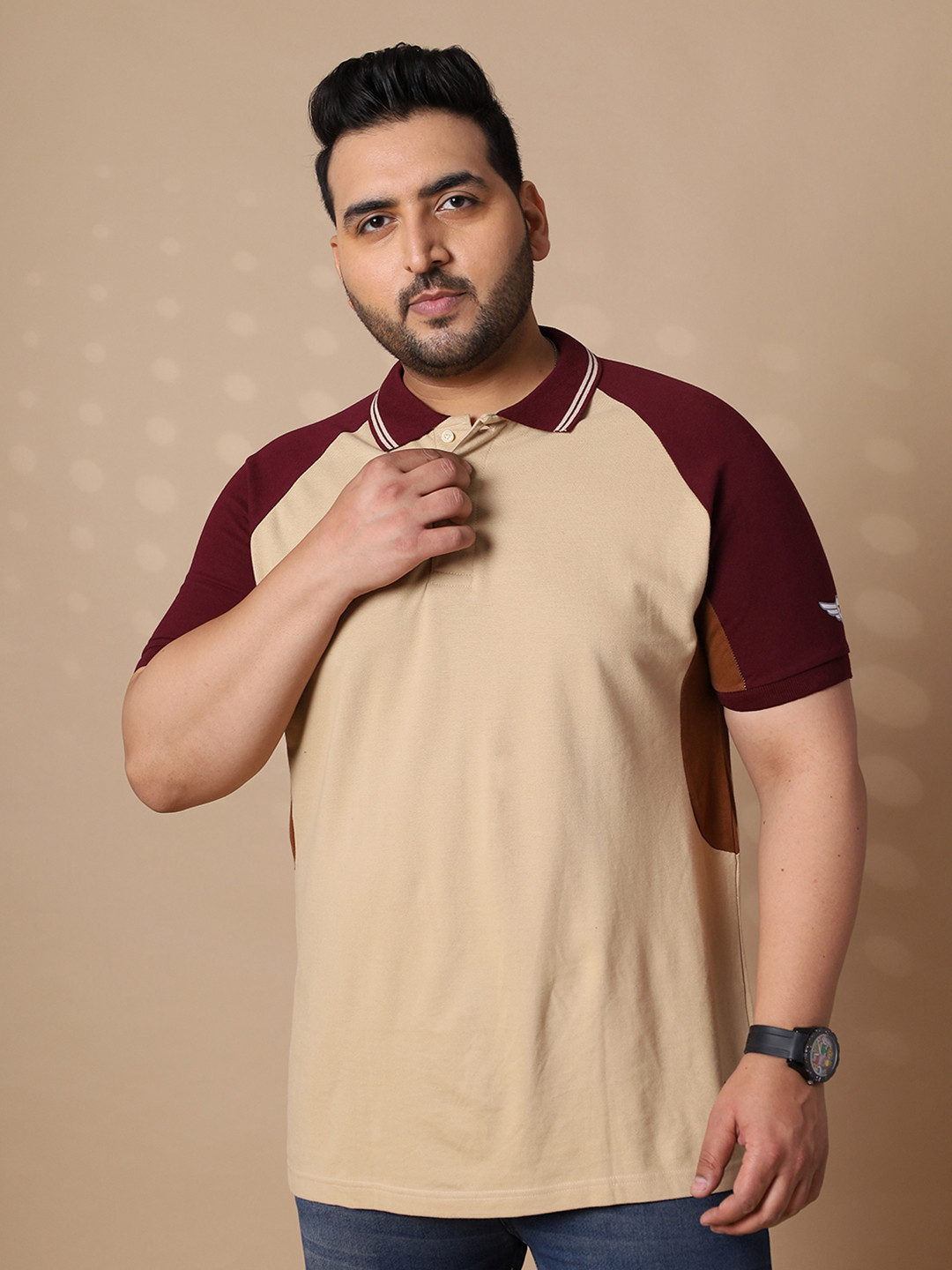 bigbanana Men Plus Size Beige Colourblocked Polo Collar T-shirt