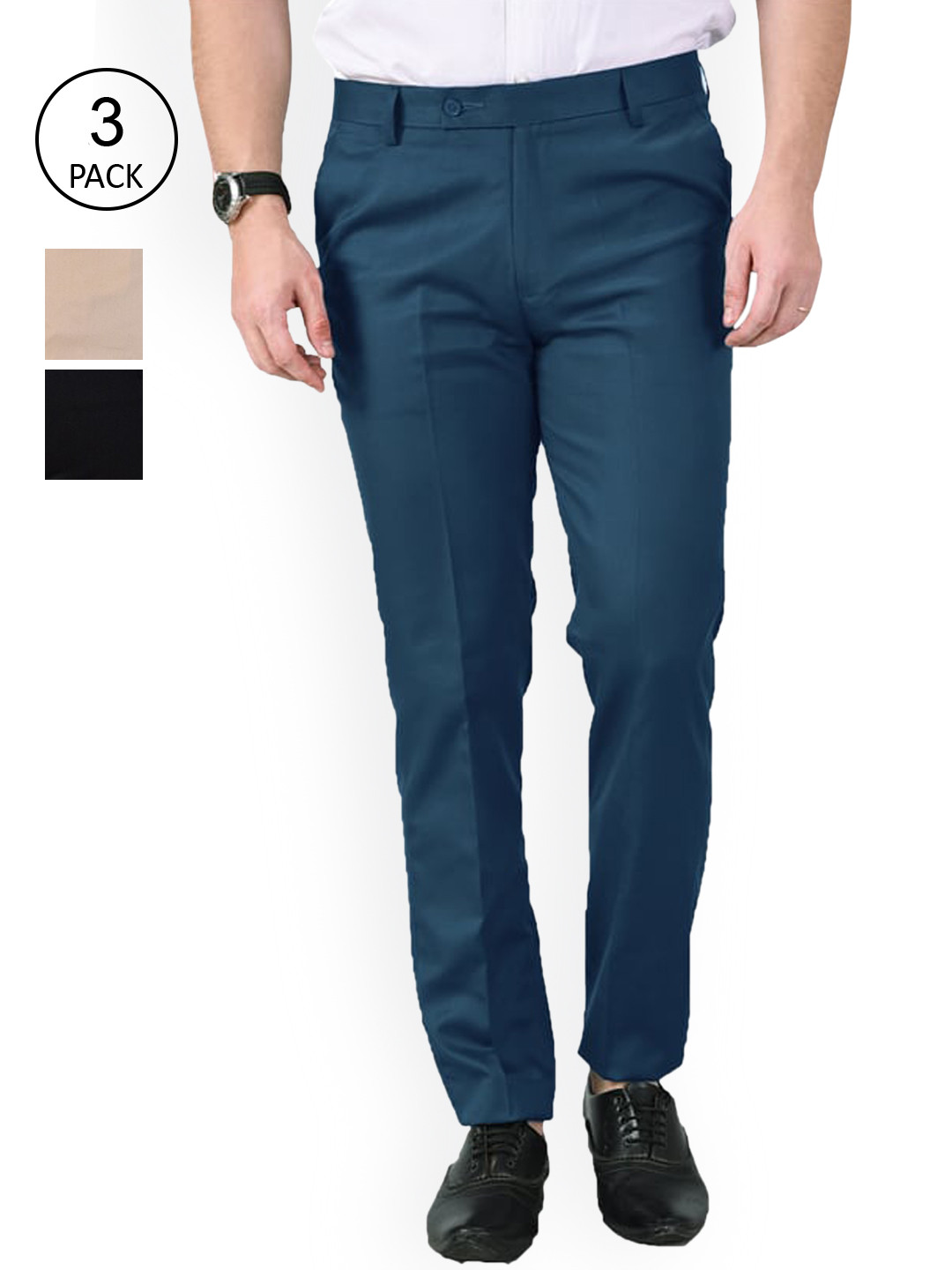 AD & AV Pack of 3 Men Black Classic Easy Wash Chinos Trousers