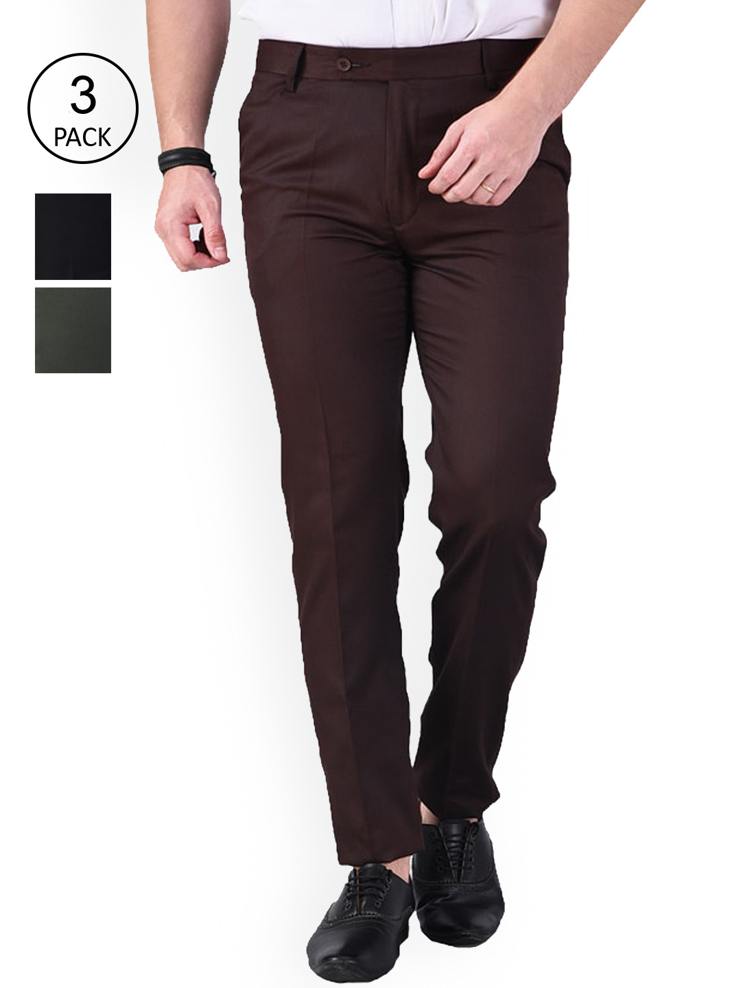 AD & AV Men Coffee Brown & Green Classic Easy Wash Formal Trousers Pack Of 3