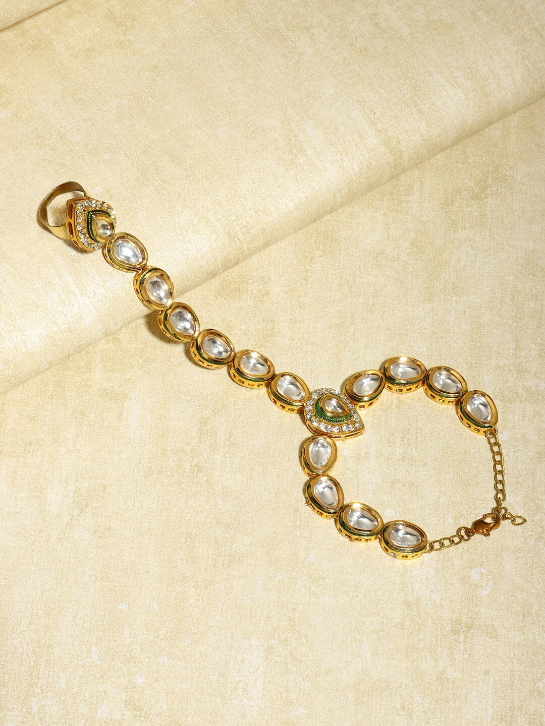 Ruby Raang Women Gold-Plated White & Green Brass Kundan Ring Bracelet