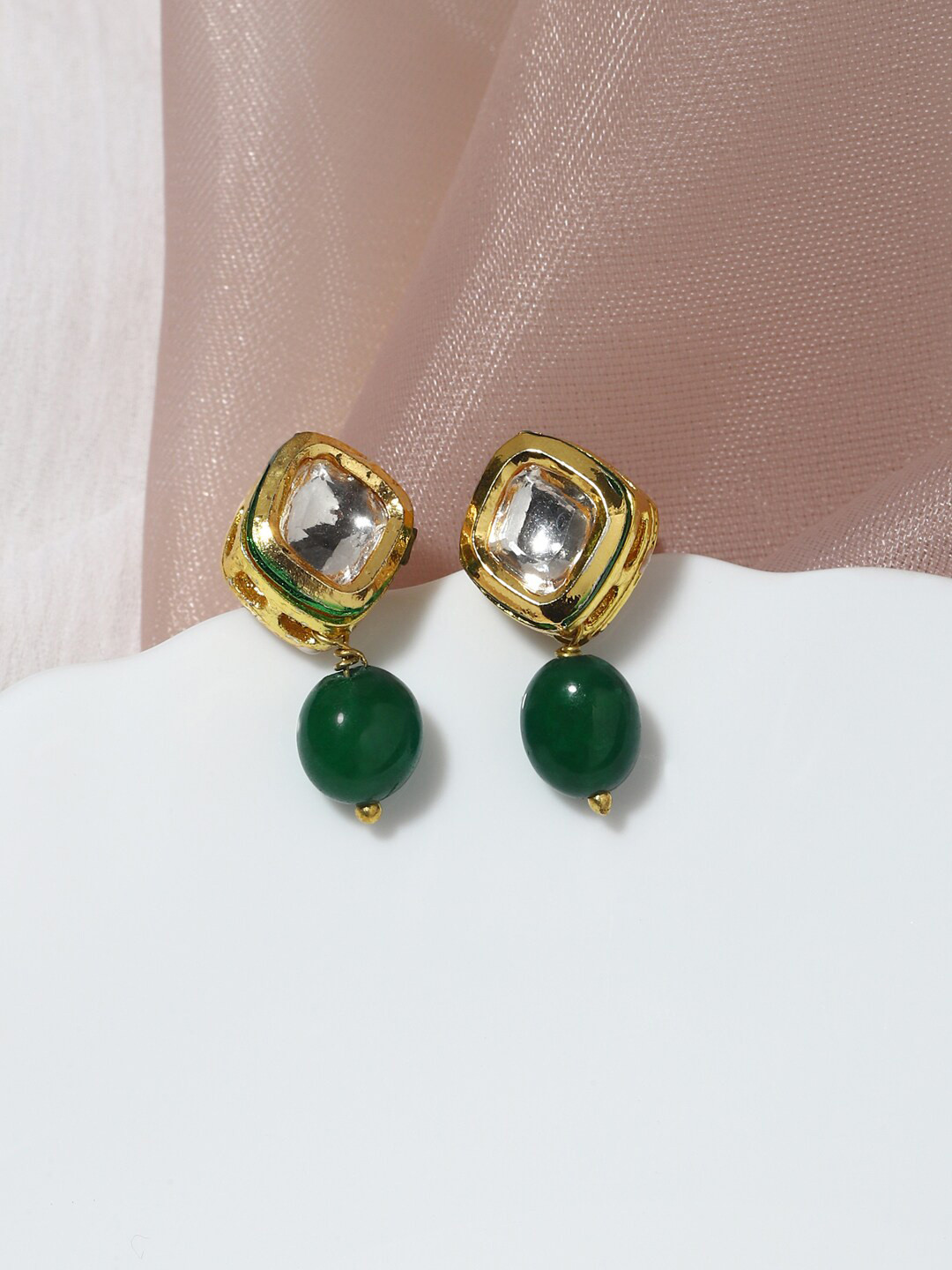 Ruby Raang Women Green Kundan Contemporary Drop Earrings