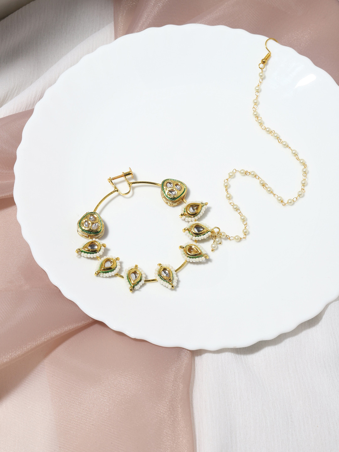 Ruby Raang White & Gold-Toned & Plated Kundan Vilandi Chained Nose Ring