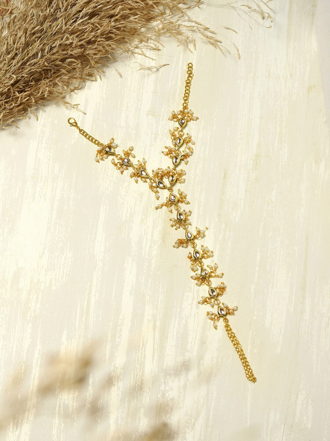 Ruby Raang Women Gold-Plated & White Brass Kundan Bangle-Style Bracelet