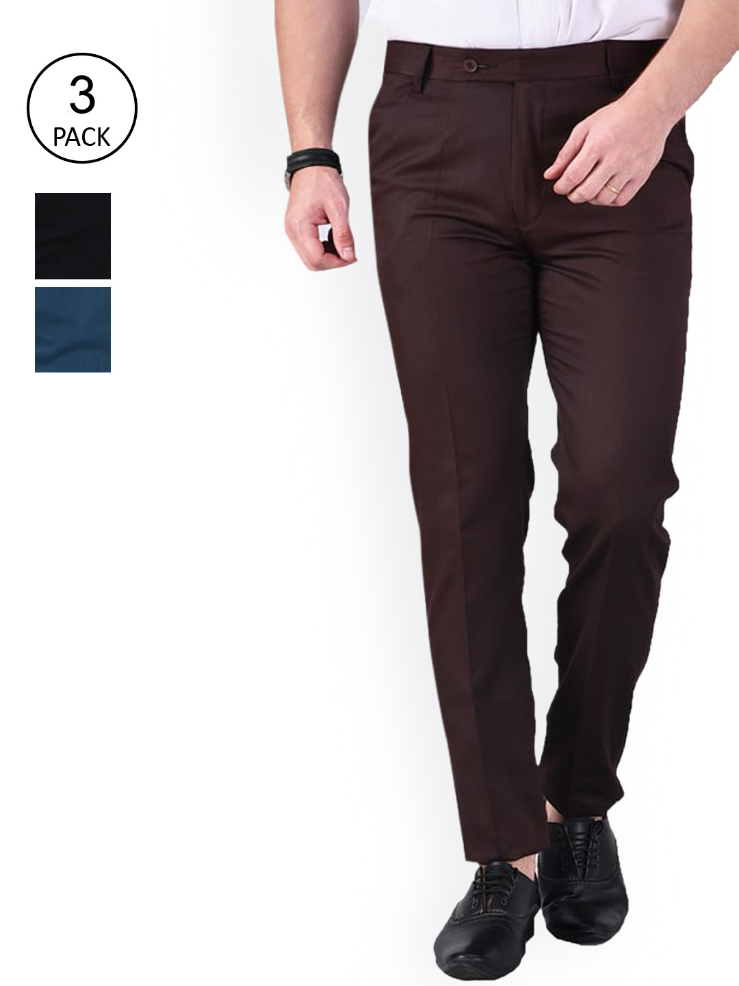 AD & AV Pack of 3 Men Black & Maroon Classic Easy Wash Chinos Formal Trousers