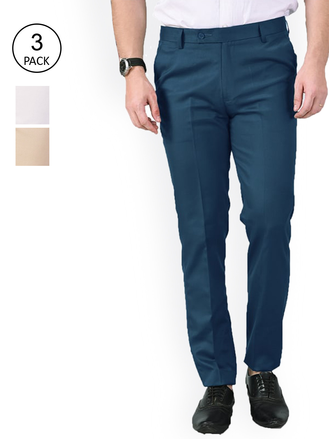 AD & AV Men Blue & Khaki Set Of 3 Classic Easy Wash Formal Trousers