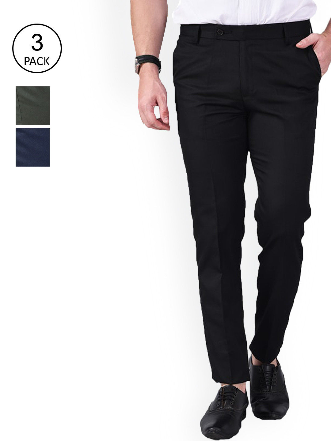 AD & AV Men Pack of 3 Black & Blue Classic Easy Wash Formal Trousers