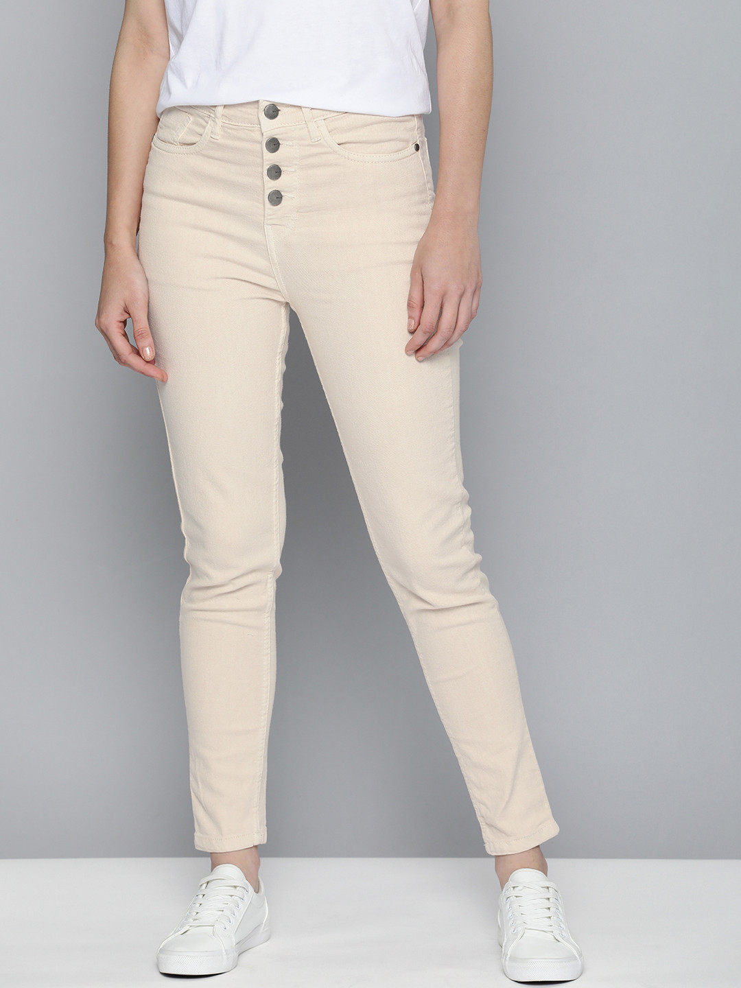 Mast & Harbour Women Off-White Skinny Fit Mid-Rise Stretchable Jeans