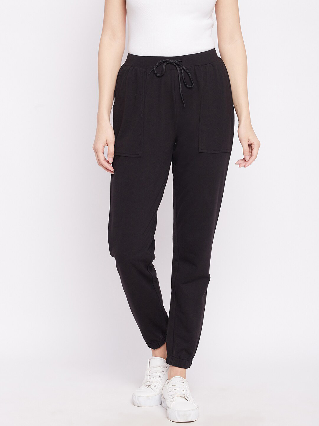 JUNE & HARRY Women Black Smart Loose Fit High-Rise Joggers Trousers