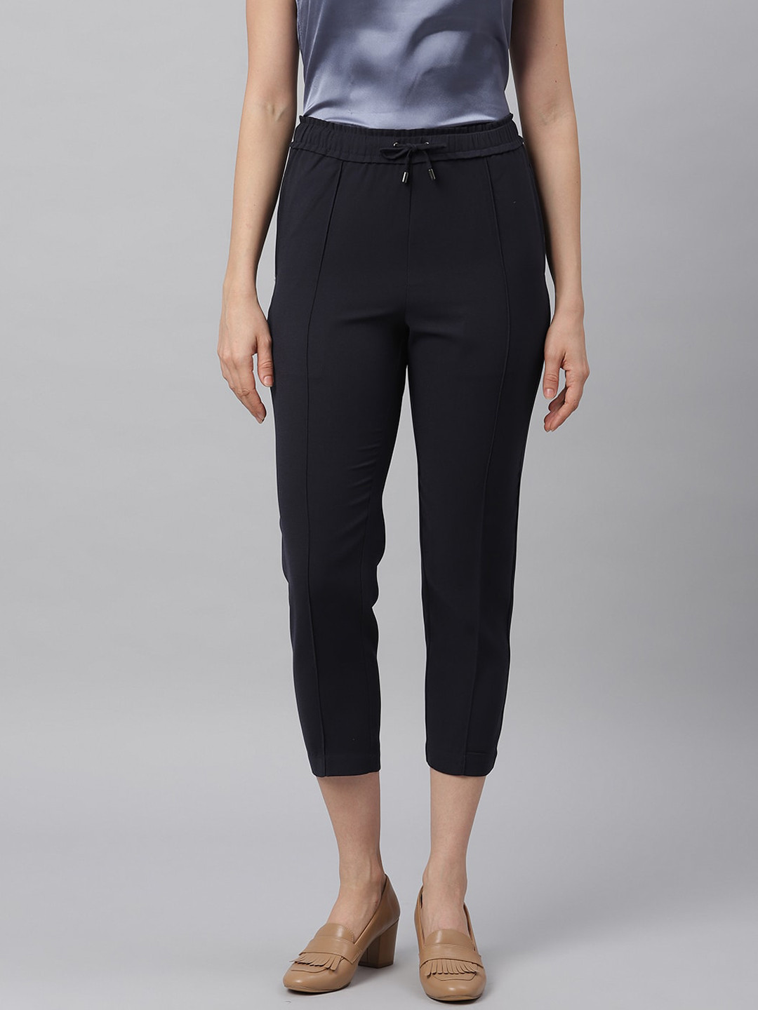 JUNE & HARRY Women Navy Blue Smart Tapered Fit High-Rise Pleated Cotton Trousers