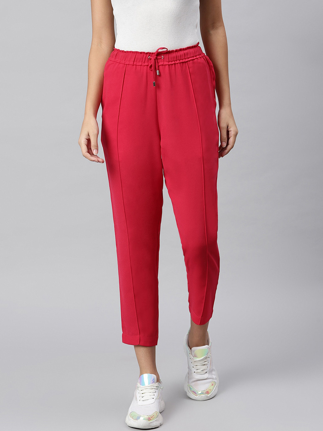 JUNE & HARRY Women Fuchsia Pink Smart Tapered Fit High-Rise Trousers