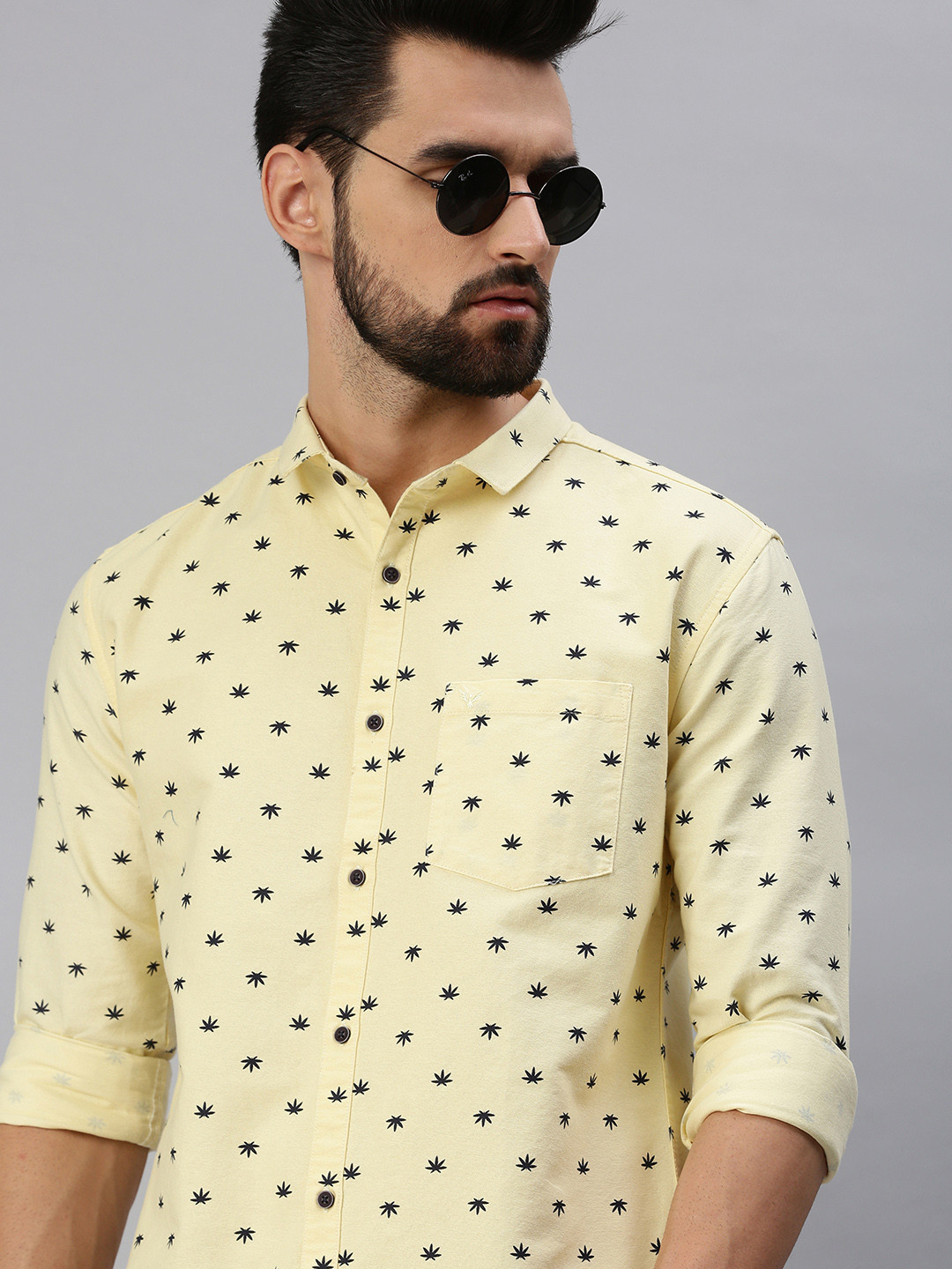 SHOWOFF Men Yellow & Navy Blue Premium Slim Fit Printed Cotton Oxford Casual Shirt