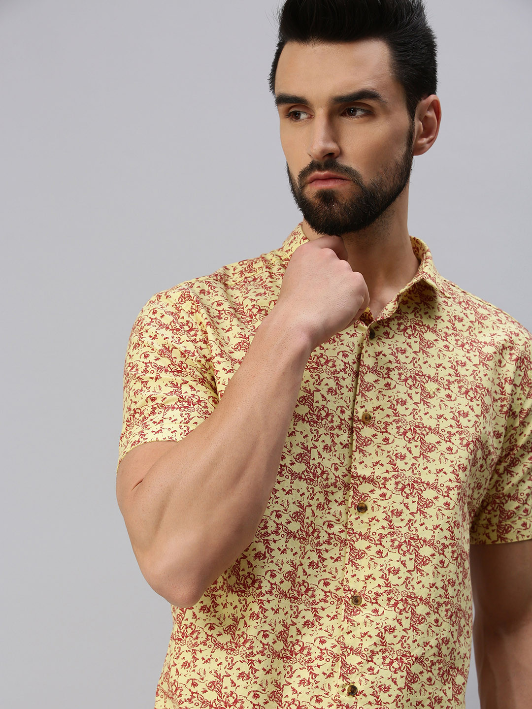 SHOWOFFFF Men Yellow Premium Slim Fit Floral Printed Cotton Casual Shirt
