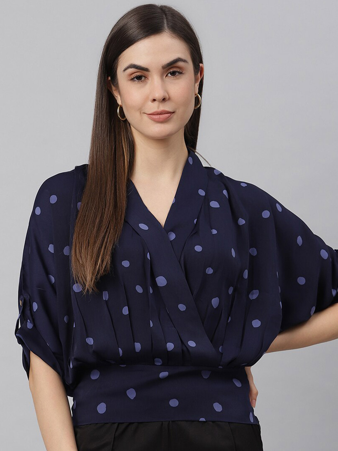 JUNE & HARRY Blue Floral Print Satin Wrap Top