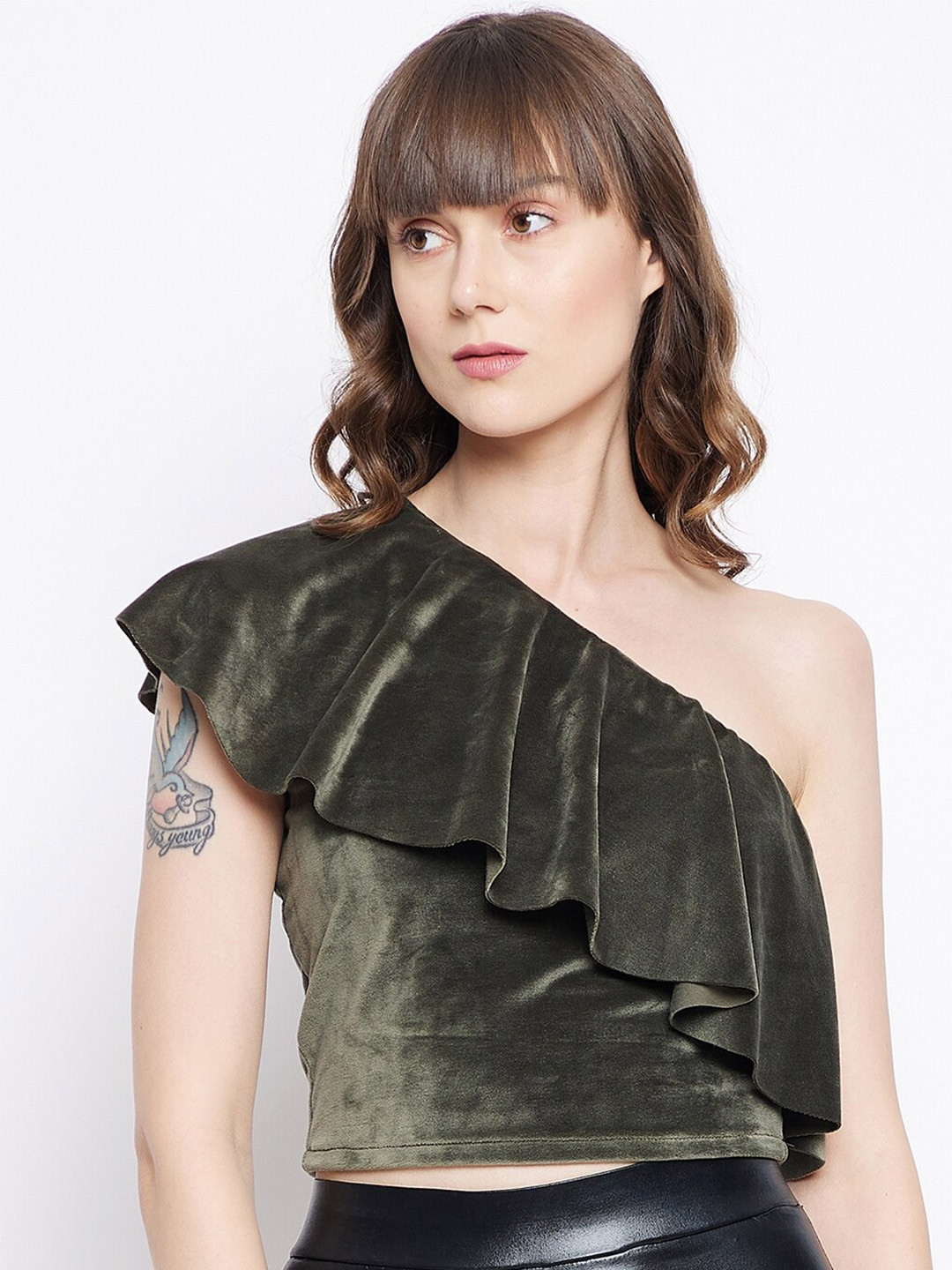 JUNE & HARRY Olive Green One Shoulder Ruffles Crop Top