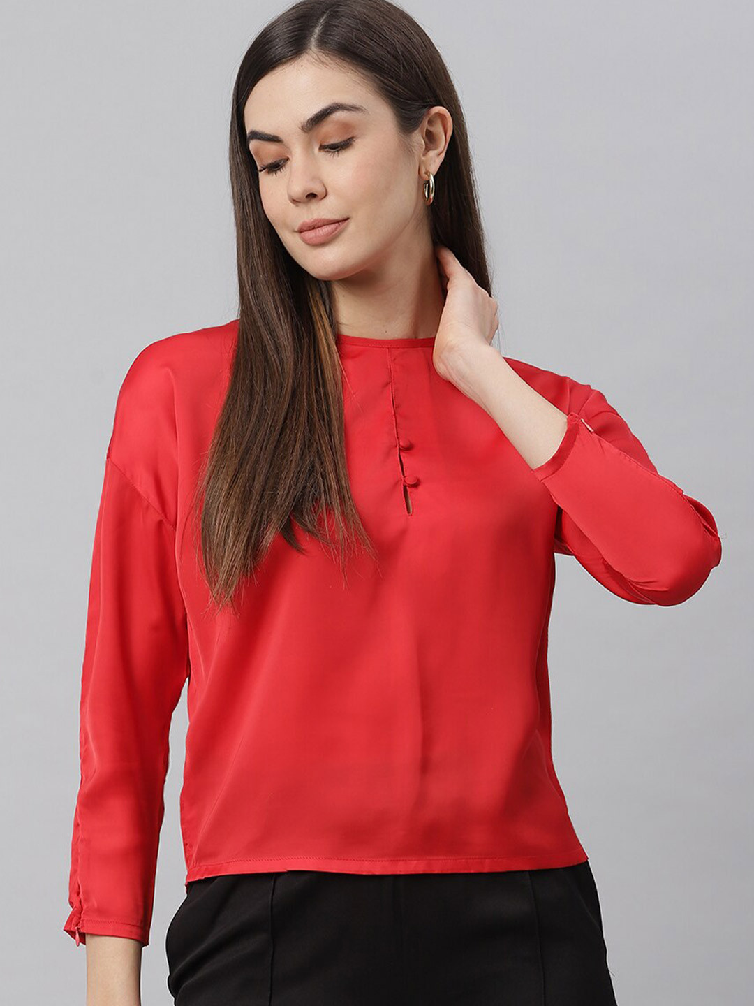 JUNE & HARRY Red Satin Kimono Sleeves Regular Top