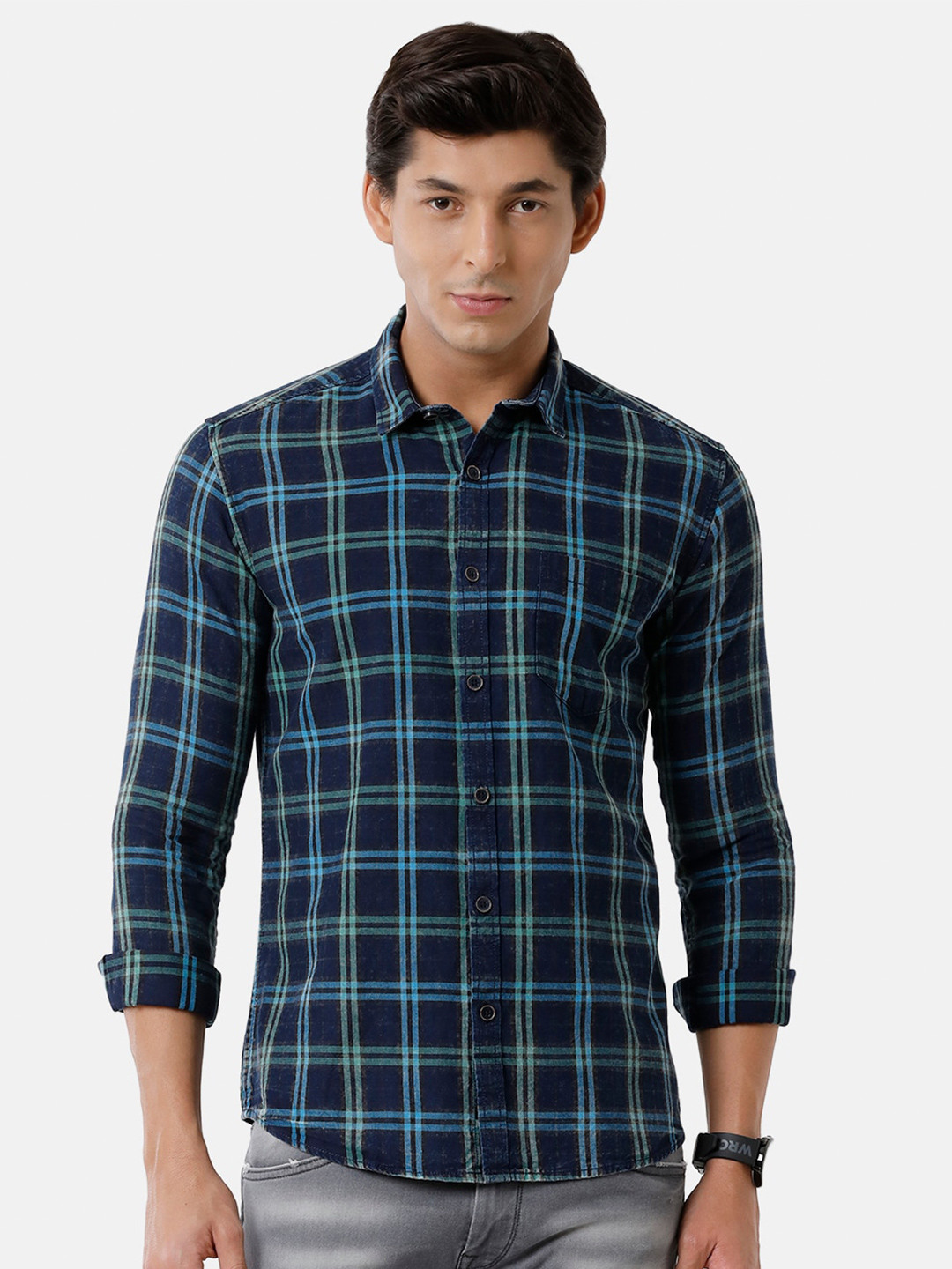 Voi Jeans Men Blue Classic Slim Fit Checked Casual Shirt