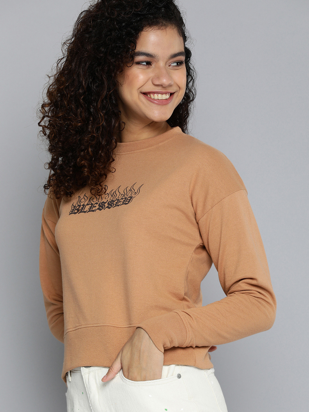 HERE&NOW Women Camel Brown Graphic Printed Pullover Sweatshirt