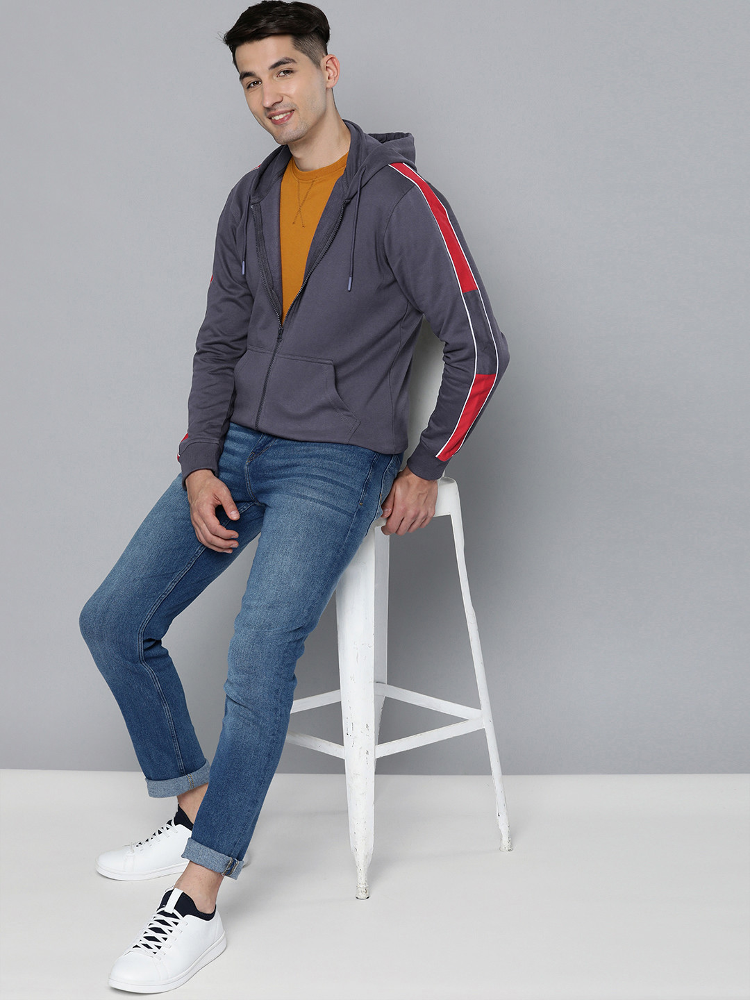 HERE&NOW Men Solid Hooded Front-Open Sweatshirt With Side Stripe