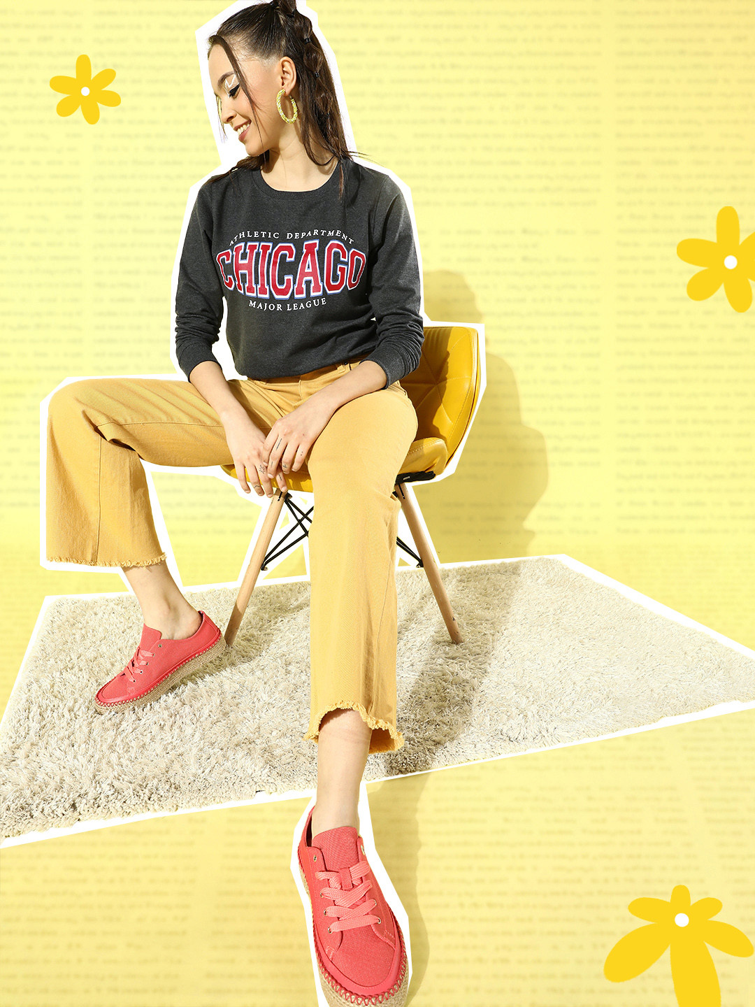 HERE&NOW Women Charcoal Graphic Printed Pullover Sweatshirt