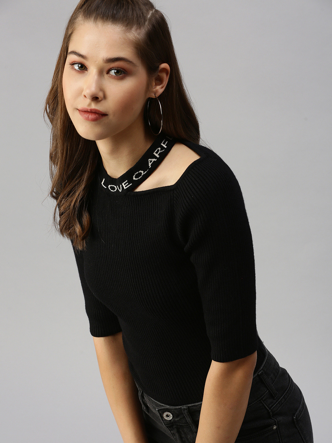 SHOWOFF Black High Neck Cut Out Knitted Top