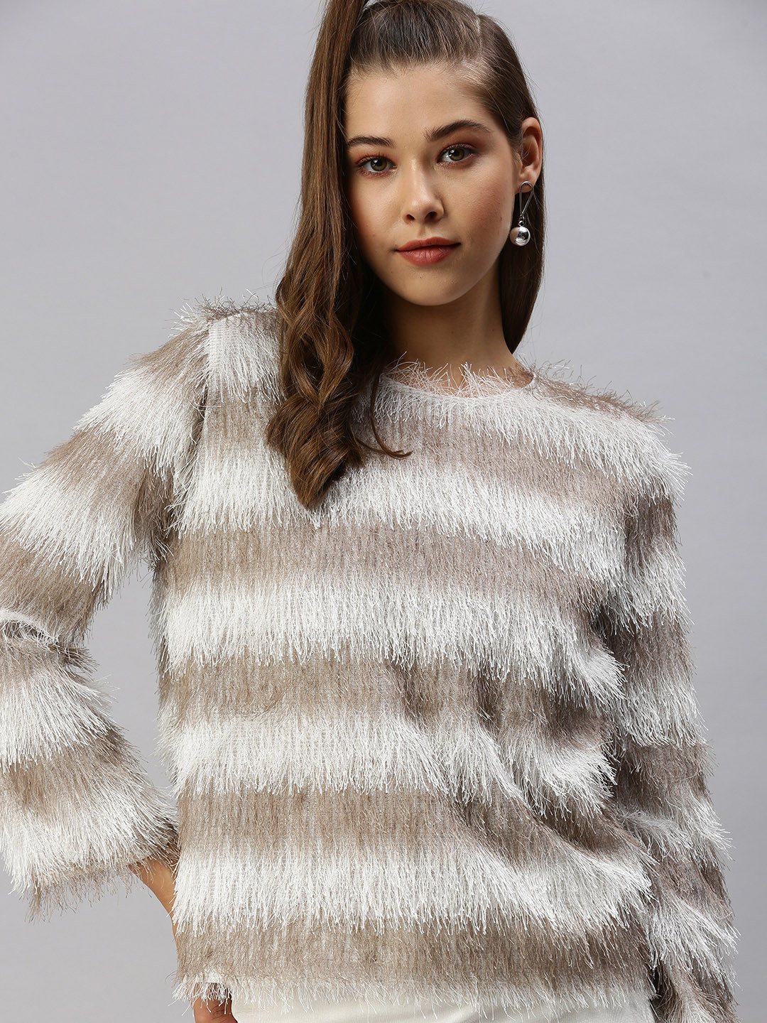 SHOWOFF Taupe Striped Top