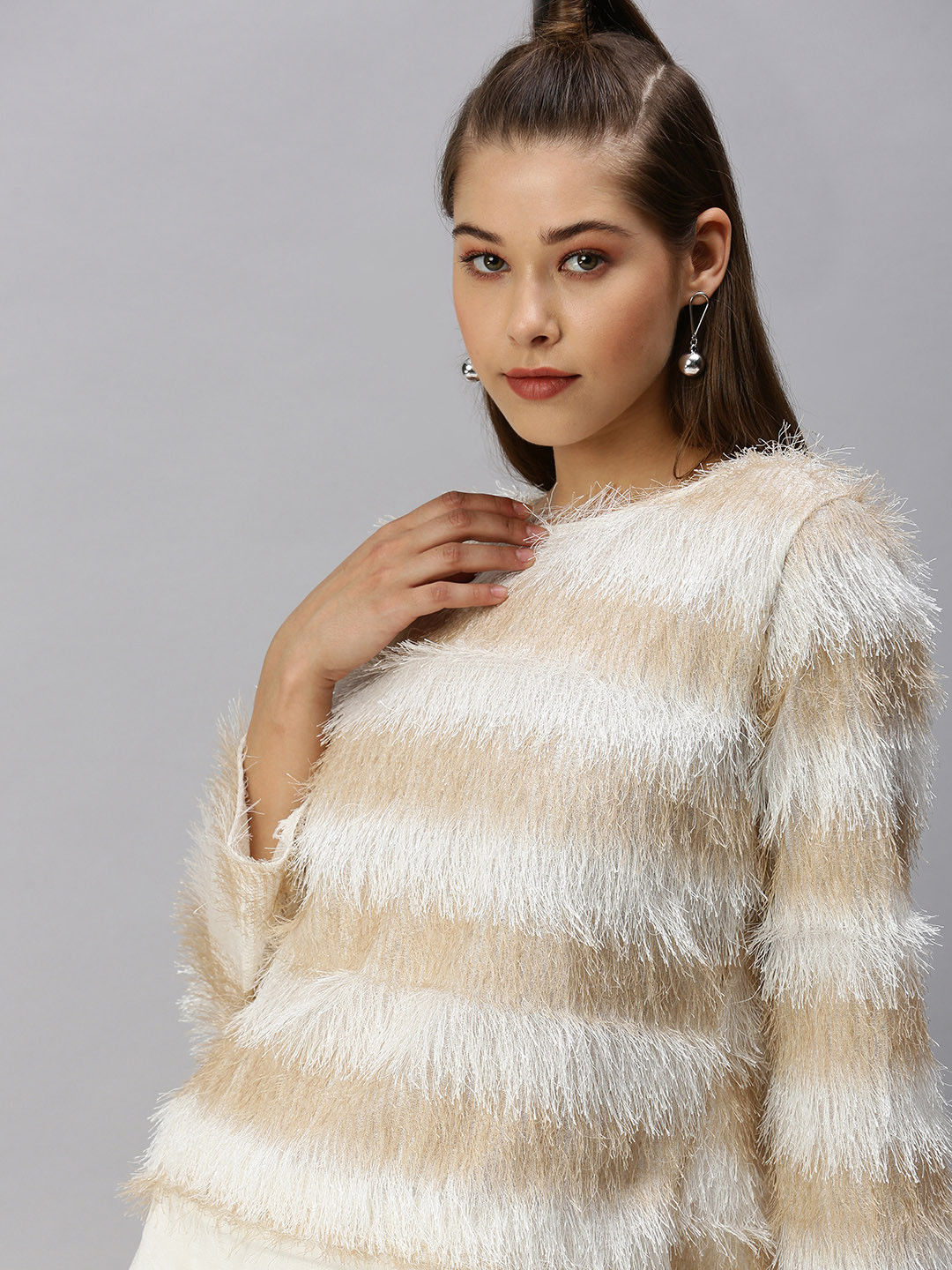 SHOWOFF Beige & White Faux Fur Trim Top