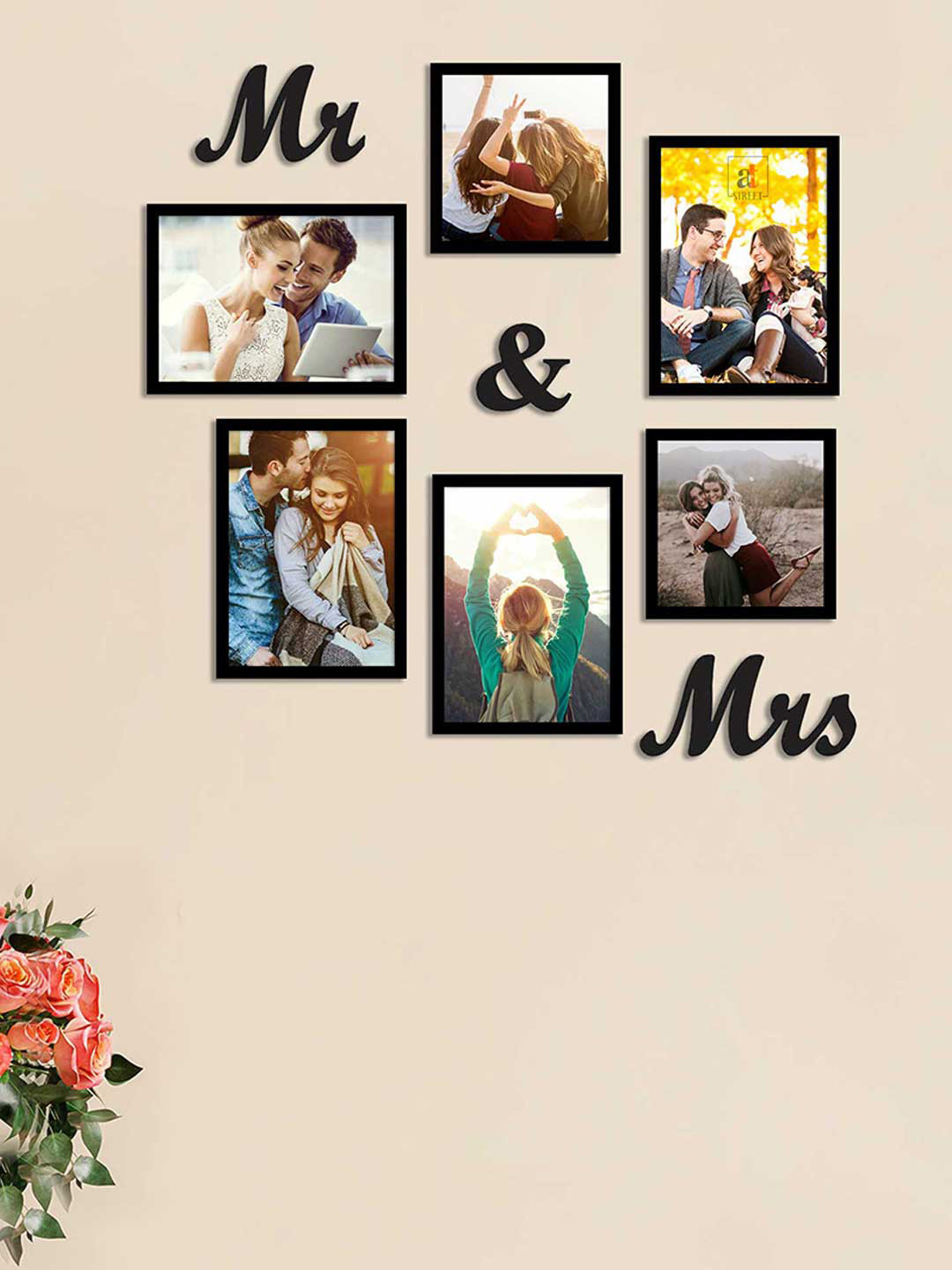 Art Street Set of 6 Black Solid Photoframes with Mr. & Mrs. MDF Plaque